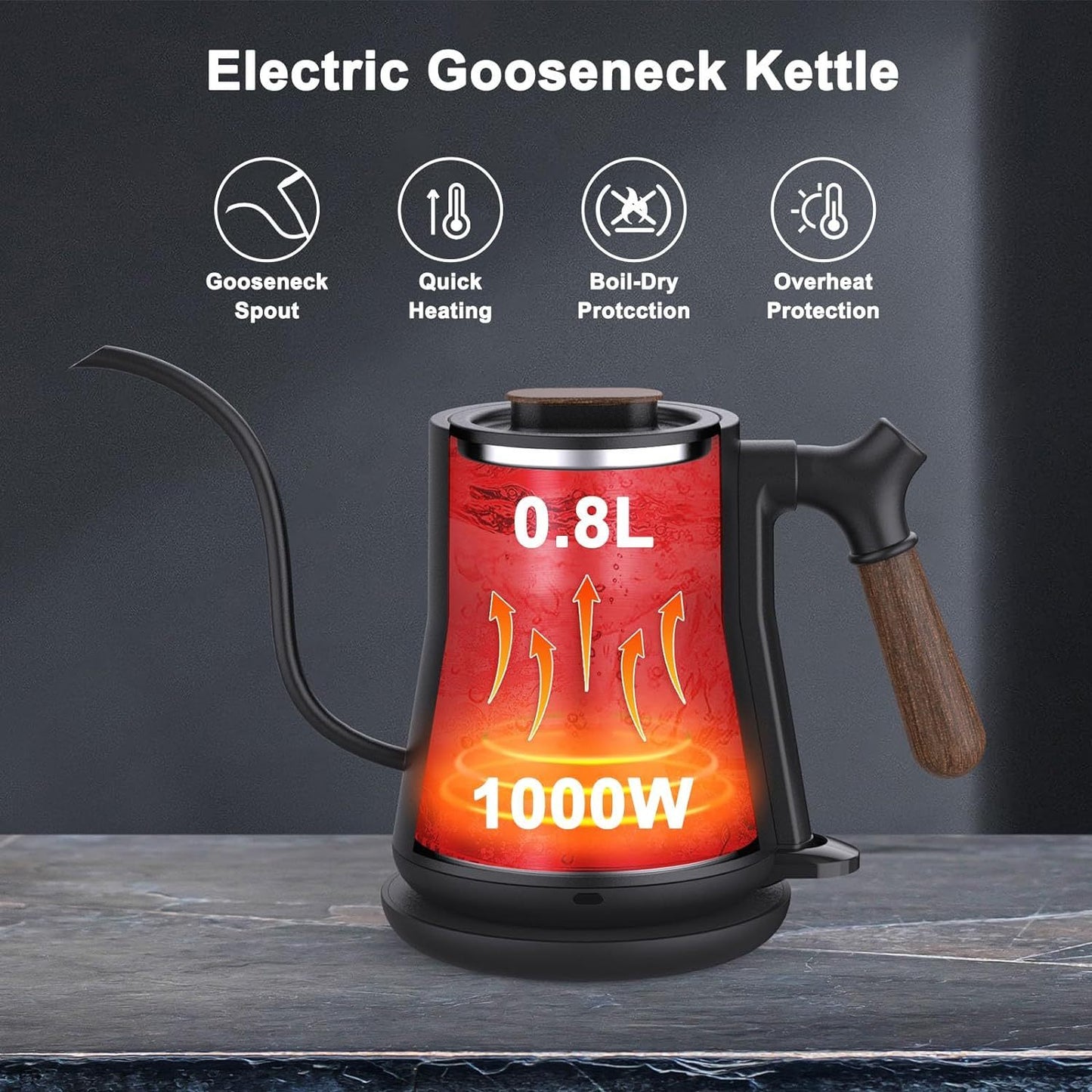 Gooseneck Electric Kettle, Stainless Steel Pour Over Coffee & Tea Kettle, Rapid Heating, Auto Shutoff, Leak-Proof Design