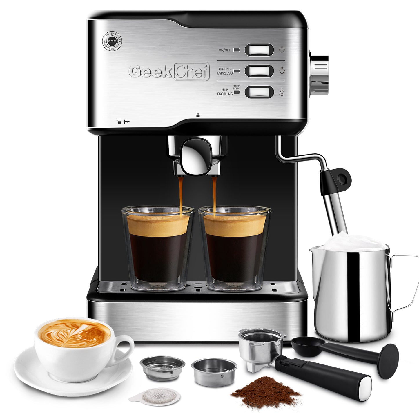 Geek Chef 20 Bar Espresso Machine - Espresso & Cappuccino Maker, ESE POD Compatible, 950W Power, Milk Frother Steam Wand, 1.5L Water Tank, Perfect for Home Brewing