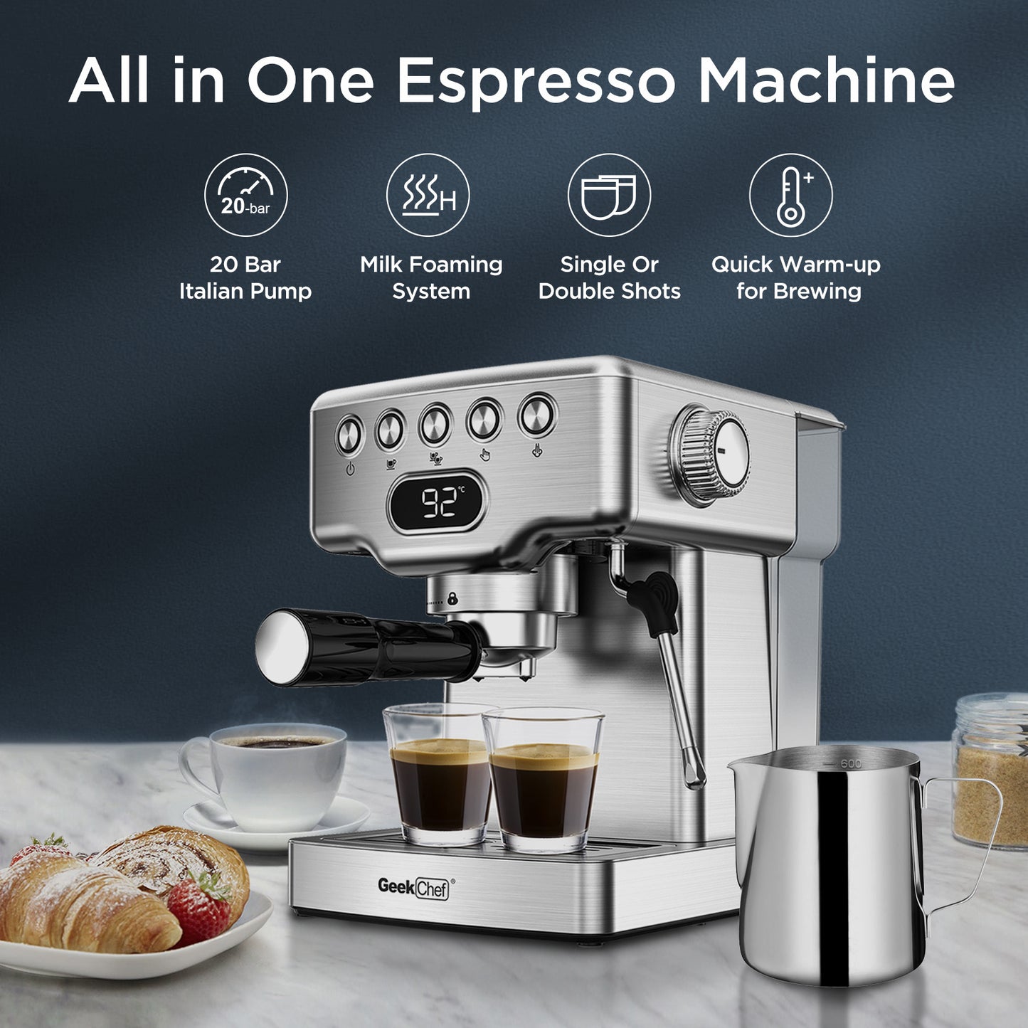 Geek Chef 20 Bar Espresso Machine with Milk Frother for Latte, Cappuccino, Macchiato, 1.8L Water Tank, Stainless Steel - Home Espresso Maker