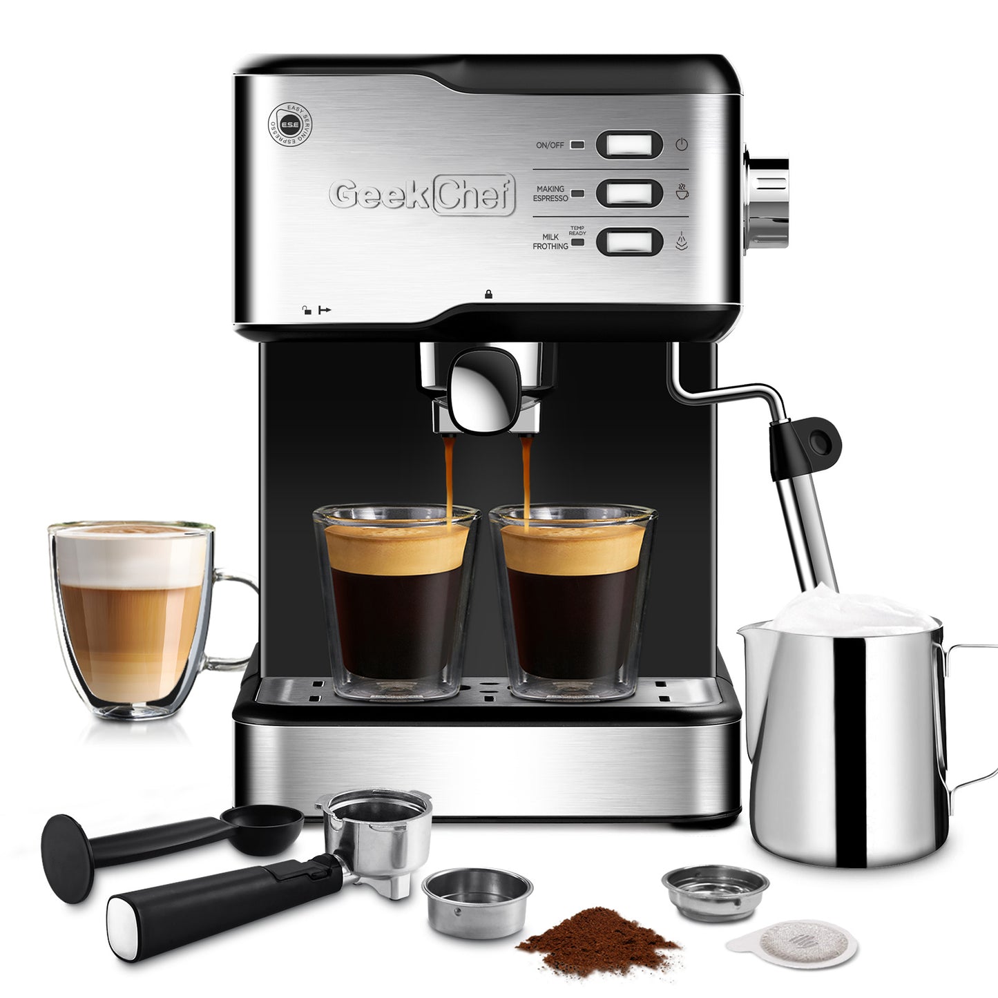 Geek Chef 20 Bar Espresso Machine - Espresso & Cappuccino Maker, ESE POD Compatible, 950W Power, Milk Frother Steam Wand, 1.5L Water Tank, Perfect for Home Brewing