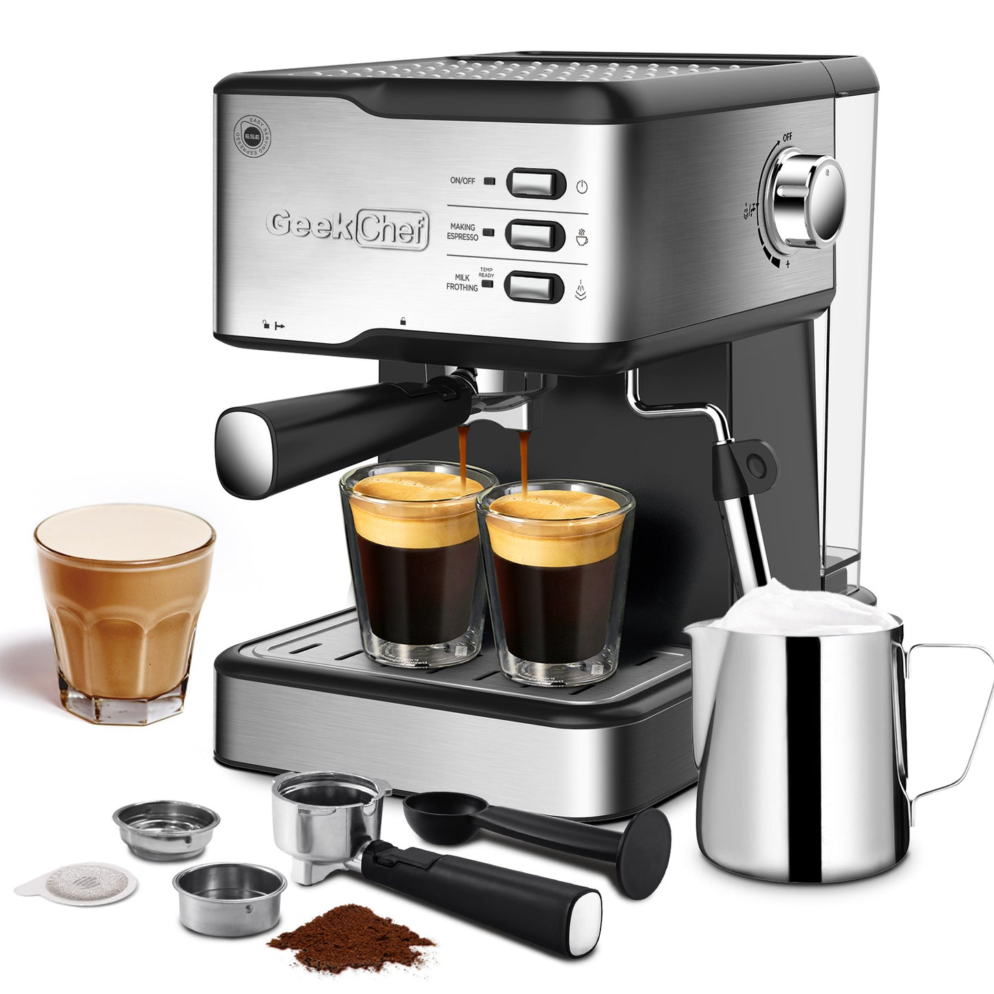 Geek Chef 20 Bar Espresso Machine - Espresso & Cappuccino Maker, ESE POD Compatible, 950W Power, Milk Frother Steam Wand, 1.5L Water Tank, Perfect for Home Brewing