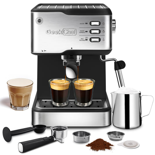 Geek Chef 20 Bar Espresso Machine - Espresso & Cappuccino Maker, ESE POD Compatible, 950W Power, Milk Frother Steam Wand, 1.5L Water Tank, Perfect for Home Brewing